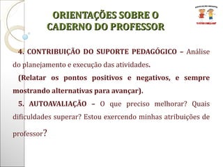 4. CONTRIBUIÇÃO DO SUPORTE PEDAGÓGICO –  Análise do planejamento e execução das atividades .  (Relatar os pontos positivos e negativos, e sempre mostrando alternativas para avançar).  5. AUTOAVALIAÇÃO –  O que preciso melhorar? Quais dificuldades superar? Estou exercendo minhas atribuições de professor ? ORIENTAÇÕES SOBRE O CADERNO DO PROFESSOR 