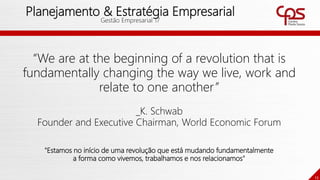 12
Planejamento & Estratégia Empresarial
Gestão Empresarial 17
“We are at the beginning of a revolution that is
fundamentally changing the way we live, work and
relate to one another”
_K. Schwab
Founder and Executive Chairman, World Economic Forum
"Estamos no início de uma revolução que está mudando fundamentalmente
a forma como vivemos, trabalhamos e nos relacionamos"
 
