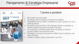 20
Planejamento & Estratégia Empresarial
Gestão Empresarial 17
7 pontos a ponderar
1. Pense além da automação
2. Tecnologia está mudando a natureza do trabalho
3. Habilidades técnicas MAIS competência social / projeto é o novo
perfil de talento
4. As políticas educacionais e de empregos devem se adaptar às
transformações da quarta revolução industrial
5. As mudanças e transformações bem-sucedidas acontecem
quando existem ecossistemas fortes
6. Estratégias nacionais começaram a refletir essas mudanças, mas
muito devagar
7. Cidades e regiões estão mostrando o caminho
 