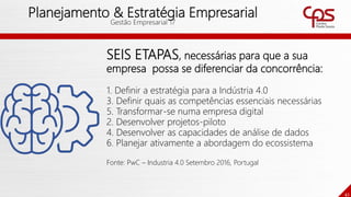 42
Planejamento & Estratégia Empresarial
Gestão Empresarial 17
SEIS ETAPAS, necessárias para que a sua
empresa possa se diferenciar da concorrência:
1. Definir a estratégia para a Indústria 4.0
3. Definir quais as competências essenciais necessárias
5. Transformar-se numa empresa digital
2. Desenvolver projetos-piloto
4. Desenvolver as capacidades de análise de dados
6. Planejar ativamente a abordagem do ecossistema
Fonte: PwC – Industria 4.0 Setembro 2016, Portugal
 