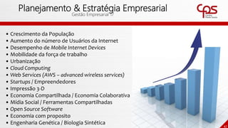 47
Planejamento & Estratégia Empresarial
Gestão Empresarial 17
• Crescimento da População
• Aumento do número de Usuários da Internet
• Desempenho de Mobile Internet Devices
• Mobilidade da força de trabalho
• Urbanização
• Cloud Computing
• Web Services (AWS – advanced wireless services)
• Startups / Empreendedores
• Impressão 3-D
• Economia Compartilhada / Economia Colaborativa
• Mídia Social / Ferramentas Compartilhadas
• Open Source Software
• Economia com proposito
• Engenharia Genética / Biologia Sintética
 