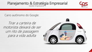 49
Planejamento & Estratégia Empresarial
Gestão Empresarial 17
Carro autônomo do Google:
Tirar a carteira de
motorista deixará de ser
um rito de passagem
para a vida adulta
 