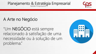 61
Planejamento & Estratégia Empresarial
Gestão Empresarial 17
A Arte no Negócio
“Um NEGÓCIO está sempre
relacionado à satisfação de uma
necessidade ou à solução de um
problema.”
 