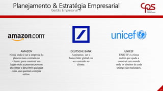 71
Planejamento & Estratégia Empresarial
Gestão Empresarial 17
DEUTSCHE BANK
Aspiramos ser o
banco lider global em
ser centrado no
cliente.
AMAZON
Nossa visão é ser a empresa do
planeta mais centrada no
cliente; para construir um
lugar onde as pessoas possam
encontrar e descobrir qualquer
coisa que queiram comprar
online.
UNICEF
UNICEF é a força
motriz que ajuda a
construir um mundo
onde os direitos de cada
criança são realizados.
 