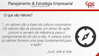 75
Planejamento & Estratégia Empresarial
Gestão Empresarial 17
“... os valores são a base da cultura corporativa.
Os valores dão às pessoas um senso de ação
comum e servem de referência para o
comportamento do dia-a-dia. A clareza sobre
os valores fornece uma base fundamental para
a ação.”
_Scott, Jaffe & Tobe
O que são Valores?
 