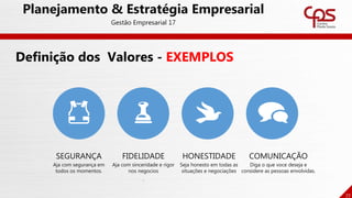 SEGURANÇA
Aja com segurança em
todos os momentos.
HONESTIDADE
Seja honesto em todas as
situações e negociações
COMUNICAÇÃO
Diga o que voce deseja e
considere as pessoas envolvidas.
FIDELIDADE
Aja com sinceridade e rigor
nos negocios
.
77
Planejamento & Estratégia Empresarial
Gestão Empresarial 17
Definição dos Valores - EXEMPLOS
 