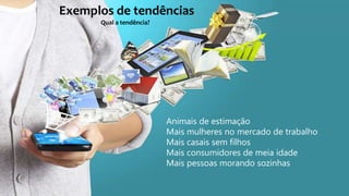 Exemplos de tendências
Qual a tendência?
Animais de estimação
Mais mulheres no mercado de trabalho
Mais casais sem filhos
Mais consumidores de meia idade
Mais pessoas morando sozinhas
 