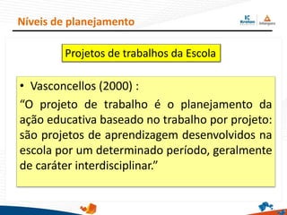 • Vasconcellos (2000) :
“O projeto de trabalho é o planejamento da
ação educativa baseado no trabalho por projeto:
são projetos de aprendizagem desenvolvidos na
escola por um determinado período, geralmente
de caráter interdisciplinar.”
Níveis de planejamento
Projetos de trabalhos da Escola
 