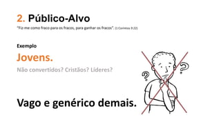 2. Público-Alvo
Exemplo
Jovens.
Não convertidos? Cristãos? Líderes?
Vago e genérico demais.
“Fiz-me como fraco para os fracos, para ganhar os fracos”. (1 Coríntios 9:22)
 