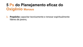 5 Ps do Planejamento eficaz do
Oxigênio Manaus
1. Propósito: capacitar tecnicamente e renovar espiritualmente
líderes de jovens;
 