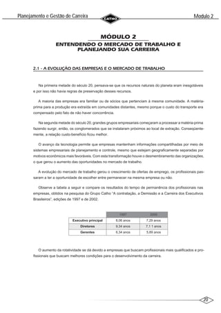 20
Modulo 2
´
Planejamento e Gestao de Carreira
~
MÓDULO 2
ENTENDENDO O MERCADO DE TRABALHO E
PLANEJANDO SUA CARREIRA
2.1 - A EVOLUÇÃO DAS EMPRESAS E O MERCADO DE TRABALHO
Na primeira metade do século 20, pensava-se que os recursos naturais do planeta eram inesgotáveis
e por isso não havia regras de preservação desses recursos.
A maioria das empresas era familiar ou de sócios que pertenciam à mesma comunidade. A matéria-
prima para a produção era extraída em comunidades distantes, mesmo porque o custo do transporte era
compensado pelo fato de não haver concorrência.
Na segunda metade do século 20, grandes grupos empresariais começaram a processar a matéria-prima
fazendo surgir, então, os conglomerados que se instalaram próximos ao local de extração. Conseqüente-
mente, a relação custo-benefício ficou melhor.
O avanço da tecnologia permite que empresas mantenham informações compartilhadas por meio de
sistemas empresariais de planejamento e controle, mesmo que estejam geograficamente separadas por
motivos econômicos mais favoráveis. Com esta transformação houve o desmembramento das organizações,
o que gerou o aumento das oportunidades no mercado de trabalho.
A evolução do mercado de trabalho gerou o crescimento de ofertas de emprego, os profissionais pas-
saram a ter a oportunidade de escolher entre permanecer na mesma empresa ou não.
Observe a tabela a seguir e compare os resultados do tempo de permanência dos profissionais nas
empresas, obtidos na pesquisa do Grupo Catho “A contratação, a Demissão e a Carreira dos Executivos
Brasileiros”, edições de 1997 e de 2002.
1997 2000
Executivo principal 8,06 anos 7,29 anos
Diretores 9,34 anos 7,1 1 anos
Gerentes 6,34 anos 5,89 anos
O aumento da rotatividade se dá devido a empresas que buscam profissionais mais qualificados e pro-
fissionais que buscam melhores condições para o desenvolvimento da carreira.
 