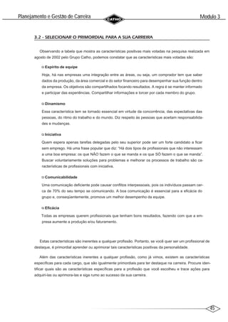 45
Modulo 3
´
Planejamento e Gestao de Carreira
~
3.2 - SELECIONAR O PRIMORDIAL PARA A SUA CARREIRA
Observando a tabela que mostra as características positivas mais votadas na pesquisa realizada em
agosto de 2002 pelo Grupo Catho, podemos constatar que as características mais votadas são:
Espírito de equipe
Hoje, há nas empresas uma integração entre as áreas, ou seja, um comprador tem que saber
dados da produção, da área comercial e do setor financeiro para desempenhar sua função dentro
da empresa. Os objetivos são compartilhados focando resultados. A regra é se manter informado
e participar das experiências. Compartilhar informações e torcer por cada membro do grupo.
Dinamismo
Essa característica tem se tornado essencial em virtude da concorrência, das expectativas das
pessoas, do ritmo do trabalho e do mundo. Diz respeito às pessoas que aceitam responsabilida-
des e mudanças.
Iniciativa
Quem espera apenas tarefas delegadas pelo seu superior pode ser um forte candidato a ficar
sem emprego. Há uma frase popular que diz: “Há dois tipos de profissionais que não interessam
a uma boa empresa: os que NÃO fazem o que se manda e os que SÓ fazem o que se manda”.
Buscar voluntariamente soluções para problemas e melhorar os processos de trabalho são ca-
racterísticas de profissionais com iniciativa.
Comunicabilidade
Uma comunicação deficiente pode causar conflitos interpessoais, pois os indivíduos passam cer-
ca de 70% do seu tempo se comunicando. A boa comunicação é essencial para a eficácia do
grupo e, conseqüentemente, promove um melhor desempenho da equipe.
Eficácia
Todas as empresas querem profissionais que tenham bons resultados, fazendo com que a em-
presa aumente a produção e/ou faturamento.
Estas características são inerentes a qualquer profissão. Portanto, se você quer ser um profissional de
destaque, é primordial aprender ou aprimorar tais características positivas da personalidade.
Além das características inerentes a qualquer profissão, como já vimos, existem as características
específicas para cada cargo, que são igualmente primordiais para ter destaque na carreira. Procure iden-
tificar quais são as características específicas para a profissão que você escolheu e trace ações para
adquiri-las ou aprimora-las e siga rumo ao sucesso da sua carreira.
 