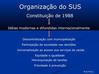 Organização do SUS
Constituição de 1988
Idéias modernas e difundidas internacionalmente
Descentralização com municipalização
Participação da sociedade nas decisões
Universalização ao acesso aos serviços de saúde
Equidade e igualdade
Hierarquização de tarefas
Prioridade à prevenção
M.D.P.N.C.
 