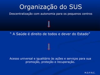 Organização do SUS
Descentralização com autonomia para os pequenos centros
“ A Saúde é direito de todos e dever do Estado”
Acesso universal e igualitário às ações e serviços para sua
promoção, proteção e recuperação.
M.D.P.N.C.
 