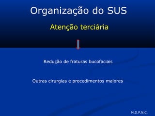 Organização do SUS
Atenção terciária
Redução de fraturas bucofaciais
Outras cirurgias e procedimentos maiores
M.D.P.N.C.
 