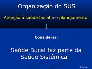 Organização do SUS
Atenção à saúde bucal e o planejamento
Considerar:
Saúde Bucal faz parte da
Saúde Sistêmica
M.D.P.N.C.
 
