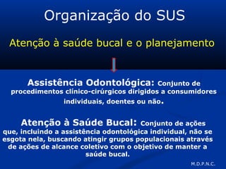 Organização do SUS
Atenção à saúde bucal e o planejamento
Assistência Odontológica: Conjunto de
procedimentos clínico-cirúrgicos dirigidos a consumidores
individuais, doentes ou não.
Atenção à Saúde Bucal: Conjunto de ações
que, incluindo a assistência odontológica individual, não se
esgota nela, buscando atingir grupos populacionais através
de ações de alcance coletivo com o objetivo de manter a
saúde bucal.
M.D.P.N.C.
 