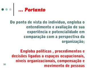 ... Portanto
Do ponto de vista do indivíduo, engloba o
entendimento e avaliação de sua
experiência e potencialidade em
comparação com a perspectiva da
organização;
Engloba políticas , procedimentos e
decisões ligadas a espaços ocupacionais,
níveis organizacionais, compensação e
movimento de pessoas10
 