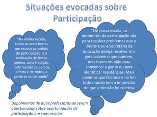 “Na minha escola,
todos os anos temos
um espaço garantido
de participação: é a
realização de festas
juninas, uma tradição.
Todo mundo se dedica,
a festa é de todos, a
gente se sente unido”.
“Em nossa escola, os
momentos de participação são
para resolver problemas que a
diretora ou a Secretaria da
Educação deseja resolver. Em
geral sabem o que querem,
mas fazem reunião para
convencer a gente ou para
identificar resistências. Mais
ouvimos que falamos e no fim
todo mundo tem a impressão
de que a decisão foi coletiva
Depoimentos de duas professoras ao serem
questionadas sobre oportunidades de
participação em suas escolas
 