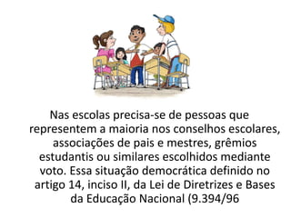Nas escolas precisa-se de pessoas que
representem a maioria nos conselhos escolares,
associações de pais e mestres, grêmios
estudantis ou similares escolhidos mediante
voto. Essa situação democrática definido no
artigo 14, inciso II, da Lei de Diretrizes e Bases
da Educação Nacional (9.394/96
 