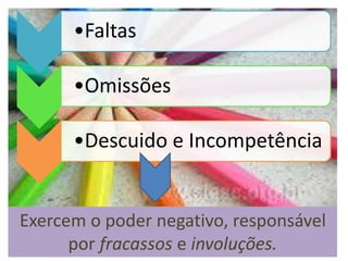 •Faltas
•Omissões
•Descuido e Incompetência
Exercem o poder negativo, responsável
por fracassos e involuções.
 
