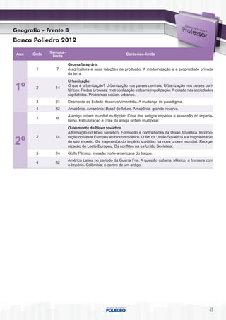 Geografia – Frente B
Banca Poliedro 2012
               Semana-
 Ano   Ciclo                                              Conteúdo-limite
                limite

                         Geografia agrária
        1         7      A agricultura e suas relações de produção. A modernização e a propriedade privada
                         da terra.
                         Urbanização

1º      2        14
                         O que é urbanização? Urbanização nos países centrais. Urbanização nos países peri-
                         féricos. Redes Urbanas: metropolização e desmetropolização. A cidade nas sociedades
                         capitalistas. Problemas sociais urbanos.
        3        24      Desmonte do Estado desenvolvimentista. A mudança do paradigma.
        4        32      Amazônia. Amazônia: Brasil do futuro. Amazônia: grande reserva.
                         A antiga ordem mundial multipolar. Crise dos antigos impérios e ascensão do imperia‑
        1         6
                         lismo. Estruturação e crise da antiga ordem multipolar.
                         O desmonte do bloco soviético
                         A formação do bloco soviético. Formação e contradições da União Soviética. Incorpo-
        2        14      ração do Leste Europeu ao bloco soviético. O fim da União Soviética e a fragmentação
2º                       de seu império. Os fragmentos do império soviético na nova ordem mundial. Reorga-
                         nização do Leste Europeu. Os conflitos na ex-União Soviética.
        3        24      Golfo Pérsico: invasão norte-americana do Iraque.
                         América Latina no período da Guerra Fria. A questão cubana. México: a fronteira com
        4        32
                         o Império. Colômbia: o centro de um antigo.




                                                                                                          65
 
