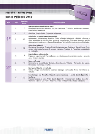 Filosofia – Frente Única
Banca Poliedro 2012
                    Semana-
 Ano      Ciclo                                                   Conteúdo-limite
                     limite
                              Pré-socráticos – Heráclito de Éfeso
            1           7     O Universo é um devir eterno. A luta dos contrários. O múltiplo, a unidade e o mundo.
                              A verdadeira sabedoria.
            2          13     O sofista. Dois sofistas: Protágoras e Górgias.
                              Aristóteles – Conhecimento sistemático

 1º         3          23
                              Aristóteles – vida e projeto filosófico. Crítica a Platão. Substância = Matéria + Forma: a
                              visão aristotélica do mundo. O ser se diz de várias formas. A Filosofia como um grande
                              sistema de conhecimento – Corpus Aristotelicum. Teoria do Conhecimento em Aristóteles.
                              Montaigne e Pascal
                              Michael de Montaigne. Ensaios. Experiência do pensar. Ceticismo. Blaise Pascal. A mi-
            4          32
                              séria e a dignidade humana. O coração e a razão. A aposta de Pascal e a necessidade
                              da mediação.
                              Francis Bacon e John Locke
            1           7     Inglaterra experimental. Francis Bacon – o método experimental. John Locke – a mente
                              como livro em branco.
                              Luzes na França
            2          13     Iluminismo: a consolidação da razão. Enciclopédia. Voltaire – Pensador das Luzes.
                              Rousseau – Iluminista peculiar.

 2º         3          23
                              Karl Marx, filosofia e revolução
                              Crítica a Hegel e materialismo histórico. Ideologia e alienação. Teoria marxista da re‑
                              volução.
                              Rearticulação do filosofar: Filosofia contemporânea – André Comte-Sponville e
            4           32    Luc Ferry
                              Filosofar depois da crise. André Comte-Sponville – Filosofar sem ilusões. Sponville –
Continuação – Filosofia       O amor e o dever. Luc Ferry – Filosofia para o conhecimento, ética e sabedoria.




                                                                                                                     95
 