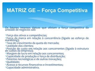 MATRIZ GE – Força Competitiva


Os fatores internos típicos que afetam a força competitiva da
unidade de negócios são:
∗Força dos ativos e competências;
∗Força da marca em relação à concorrência (ligado ao esforço de
marketing);
∗Taxa de crescimento da quota de mercado;
∗Lealdade dos clientes;
∗Posição de custo em relação aos concorrentes (ligado à estrutura
de custos da empresa);
∗Margem de lucro em relação aos concorrentes;
∗Capacidade de produção e força de distribuição;
∗Patentes tecnológicas e de outras inovações;
∗Qualidade;
∗Acesso a recursos financeiros e investimentos;
∗Capacidade administrativa.
 