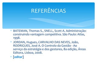 REFERÊNCIAS


∗ BATEMAN, Thomas S., SNELL, Scott A. Administração:
  construindo vantagem competitiva. São Paulo: Atlas,
  1998.
∗ JORDAN, Hugues, CARVALHO DAS NEVES, João,
  RODRIGUES, José A. O Controlo da Gestão - Ao
  serviço da estratégia e dos gestores, 8a edição, Áreas
  Editora, Lisboa, 2008.
∗ [editar]
 