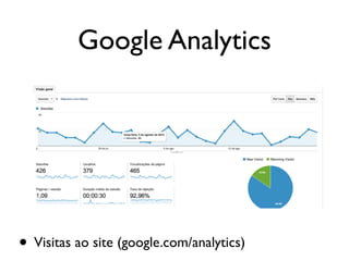Google Analytics
• Visitas ao site (google.com/analytics)
 