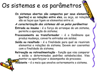 Os sistemas e os parâmetros
Os sistemas abertos são compostos por seus elementos
(partes) e as relações entre eles, ou seja, as relações
são os laços que ligam os elementos entre si.
A caracterização dos sistemas dá-se pelos parâmetros:
Entrada ou insumo – é a força de arranque de um sistema,
permite a operação do sistema;
Processamento ou transformador – é o fenômeno que
produz mudança, converte entradas em saídas;
Saída ou resultado – é a finalidade para qual se reuniram
elementos e relações do sistema. Devem ser coerentes
com a finalidade do sistema;
Retroação ou retroalimentação - função que visa comparar
a saída a determinados padrões estabelecidos. Visa
manter ou aperfeiçoar o desempenho do processo;
Ambiente – é o meio que envolve externamente o sistema.

 