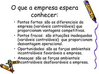 O que a empresa espera
conhecer:
• Pontos fortes: são os diferenciais da
empresa (variáveis controláveis) que
proporcionam vantagens competitivas.
• Pontos fracos: são situações inadequadas
(variáveis controláveis) que proporcionam
desvantagem operacional.
• Oportunidades: são as forças ambientais
incontroláveis favoráveis a empresa.
• Ameaças: são as forças ambientais
incontroláveis desfavoráveis a empresa.

 