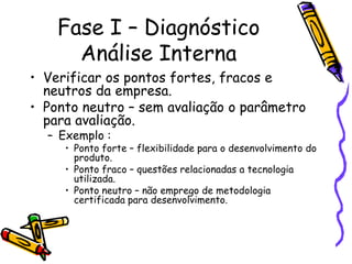 Fase I – Diagnóstico
Análise Interna
• Verificar os pontos fortes, fracos e
neutros da empresa.
• Ponto neutro – sem avaliação o parâmetro
para avaliação.
– Exemplo :

• Ponto forte – flexibilidade para o desenvolvimento do
produto.
• Ponto fraco – questões relacionadas a tecnologia
utilizada.
• Ponto neutro – não emprego de metodologia
certificada para desenvolvimento.

 