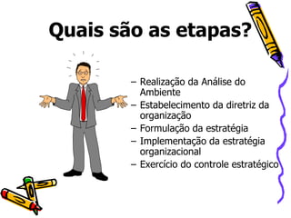Quais são as etapas?
– Realização da Análise do
Ambiente
– Estabelecimento da diretriz da
organização
– Formulação da estratégia
– Implementação da estratégia
organizacional
– Exercício do controle estratégico

 