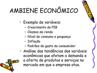 AMBIENE ECONÔMICO
• Exemplo de variáveis:
–
–
–
–
–

Crescimento do PIB
Classes de renda
Nível de consumo e poupança
Inflação
Padrões de gasto do consumidor

• Análise das tendências das variáveis
econômicas que afetam a demanda e
a oferta de produtos e serviços no
mercado em que a empresa atua.

 