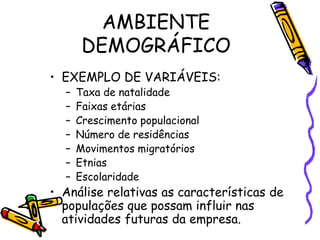 AMBIENTE
DEMOGRÁFICO
• EXEMPLO DE VARIÁVEIS:
–
–
–
–
–
–
–

Taxa de natalidade
Faixas etárias
Crescimento populacional
Número de residências
Movimentos migratórios
Etnias
Escolaridade

• Análise relativas as características de
populações que possam influir nas
atividades futuras da empresa.

 
