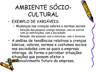 AMBIENTE SÓCIOCULTURAL
• EXEMPLO DE VARIÁVEIS:

– Mudanças nas crenças valores e normas sociais

• Relação das pessoas consigo mesmas, com os outros
com as instituições, com a sociedade.
• Relação das pessoas com a natureza, com o universo.

• A análise de tendências relativas a crenças
básicas, valores, normas e costumes sociais
nas sociedades com as quais a empresa
interage, de forma a perceber situações
situações que possam afetar o
desenvolvimento futuro da empresa.

 