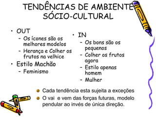 TENDÊNCIAS DE AMBIENTE
SÓCIO-CULTURAL
• OUT

– Os ícones são os
melhores modelos
– Herança e Colher os
frutos na velhice

• Estilo Machão
– Feminismo

• IN

– Os bons são os
pequenos
– Colher os frutos
agora
– Estilo apenas
homem
– Mulher

Cada tendência esta sujeita a exceções
O vai e vem das forças futuras, modelo
pendular ao invés de única direção.

 