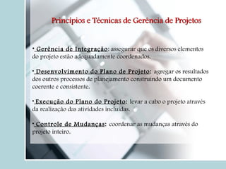 Gerência de Integração : assegurar que os diversos elementos do projeto estão adequadamente coordenados. Desenvolvimento do Plano de Projeto :  agregar os resultados dos outros processos de planejamento construindo um documento coerente e consistente. Execução do Plano do Projeto :  levar a cabo o projeto através da realização das atividades incluídas. Controle de Mudanças :  coordenar as mudanças através do projeto inteiro. Princípios e Técnicas de Gerência de Projetos 