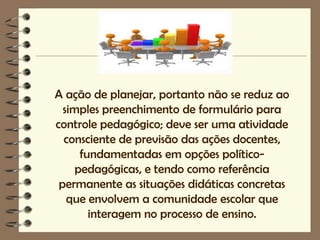 A ação de planejar, portanto não se reduz ao
  simples preenchimento de formulário para
controle pedagógico; deve ser uma atividade
  consciente de previsão das ações docentes,
      fundamentadas em opções político-
     pedagógicas, e tendo como referência
 permanente as situações didáticas concretas
   que envolvem a comunidade escolar que
        interagem no processo de ensino.
 