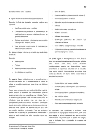 Exemplo: matéria-prima e produto.
A seguir devem-se estabelecer os objetivos da aula.
Exemplo: Ao final das atividades propostas o aluno será
capaz de:
• Identificar matéria-prima e produto
• Compreender os processos de transformação de
matéria-prima em produto, relacionando com as
questões ambientais.
• Destacar as principais indústrias de seu município
e a origem das matérias primas.
• Listar produtos transformados de matéria-prima,
utilizados no seu cotidiano.
Em terceiro lugar indica-se o conteúdo que será objeto
de estudo.
Exemplo:
• Matéria-prima.
• Produto.
• Matéria-prima e sua procedência.
• As indústrias do município.
Em quarto lugar estabelecem-se os procedimentos e
recursos de ensino, isto é, estabelecem-se as formas de
utilizar o conteúdo selecionado para atingir os objetivos
propostos.
Nesse caso, por exemplo, para o aluno identificar matéria-
prima, produto e processos de transformação, pode-se
programar com eles uma excursão a uma indústria. Assim,
o professor pode planejar uma excursão como ponto de
referência para ele próprio, mas não deve dar o
planejamento pronto aos alunos. Proceder a orientações
quanto a conceitos básicos que os alunos devem dominar
antes da visita. Deverá, sim, estimula-los para que, com
seu auxílio, planejem a excursão. Para isso procurará
levantar com seus alunos as questões mais interessantes e
sobre as quais gostaria de obter respostas, como, por
exemplo:
• Nome da fábrica.
• Endereço da fábrica. (área industrial, urbana...)
• Número de operários da fábrica.
• Diferentes tipos de funções dentro da fábrica.
• Salários.
• Matéria-prima e sua procedência.
• Produtos fabricados.
• Utilidade dos produtos.
• Qualificação profissional das pessoas que
trabalham na fábrica.
• Como a fábrica faz a preservação ambiental.
• Existem programas de qualidade de vida para os
operários e programa sociais.
Em quinto lugar, no dia seguinte ao da visita, deve-se
fazer uma síntese integradora das informações colhidas
pelos alunos. Além disso, outras atividades
complementares poderão ser desenvolvidas. Assim,
aproveitando a experiência adquirida com a excursão,
cada aluno poderá individualmente entrevistar uma
pessoa que trabalha em alguma fábrica e obter dela as
seguintes informações:
• Em que fábrica esta pessoa trabalha.
• Qual a função que desempenha e sua formação
escolar.
• Número de operários que trabalham na fábrica.
• Que a fábrica produz.
• Material usado na fabricação dos produtos.
• Como a empresa preserva o meio ambiente.
Ao retornarem das entrevistas o professor deve
proporcionar um espaço para troca de idéias, onde cada
aluno expõe o achou interessante em sua entrevista,
estabelecendo um paralelo com os relatos dos colegas,
onde o professor fará a mediação do processo de
discussão.
Organizado por Prof. Rosângela Menta Mello
CEWK – Curso de Formação de Docentes
10
 