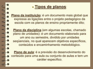 .Tipos de planos:
Plano da instituição: é um documento mais global que
expressa as ligações entre o projeto pedagógico da
escola com os planos de ensino propriamente dito;
Plano da disciplina (em algumas escolas, chamado
plano de unidades): é um documento elaborado para
um ano ou semestre, dividido por unidades
seqüenciais, no qual aparecem objetivos específicos,
conteúdos e encaminhamento metodológico.
Plano de aula: é a previsão do desenvolvimento do
conteúdo para uma aula ou conjunto de aulas e tem um
caráter específico.
 