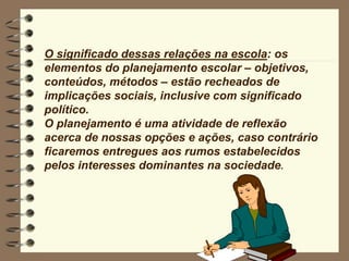 O significado dessas relações na escola: os
elementos do planejamento escolar – objetivos,
conteúdos, métodos – estão recheados de
implicações sociais, inclusive com significado
político.
O planejamento é uma atividade de reflexão
acerca de nossas opções e ações, caso contrário
ficaremos entregues aos rumos estabelecidos
pelos interesses dominantes na sociedade.
 