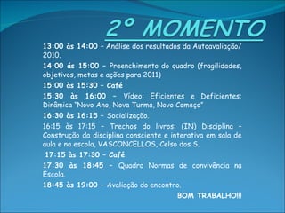 13:00 às 14:00  – Análise dos resultados da Autoavaliação/2010.  14:00 ás 15:00 –  Preenchimento do quadro (fragilidades, objetivos, metas e ações para 2011) 15:00 às 15:30 – Café 15:30 às 16:00 –  Vídeo: Eficientes e Deficientes; Dinâmica “Novo Ano, Nova Turma, Novo Começo”  16:30 às 16:15 –  Socialização.  16:15 às 17:15 – Trechos do livros: (IN) Disciplina – Construção da disciplina consciente e interativa em sala de aula e na escola, VASCONCELLOS, Celso dos S.  17:15 às 17:30 – Café 17:30 às 18:45 –  Quadro Normas de convivência na Escola.  18:45 às 19:00 –  Avaliação do encontro.  BOM TRABALHO!!! 