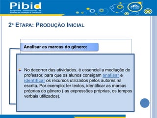 2ª ETAPA: PRODUÇÃO INICIAL
Analisar as marcas do gênero:
No decorrer das atividades, é essencial a mediação do
professor, para que os alunos consigam analisar e
identificar os recursos utilizados pelos autores na
escrita. Por exemplo: ler textos, identificar as marcas
próprias do gênero ( as expressões próprias, os tempos
verbais utilizados).
 