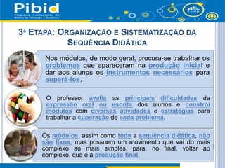 3ª ETAPA: ORGANIZAÇÃO E SISTEMATIZAÇÃO DA
SEQUÊNCIA DIDÁTICA
Nos módulos, de modo geral, procura-se trabalhar os
problemas que apareceram na produção inicial e
dar aos alunos os instrumentos necessários para
superá-los.
O professor avalia as principais dificuldades da
expressão oral ou escrita dos alunos e constrói
módulos com diversas atividades e estratégias para
trabalhar a superação de cada problema.
Os módulos, assim como toda a sequência didática, não
são fixos, mas possuem um movimento que vai do mais
complexo ao mais simples, para, no final, voltar ao
complexo, que é a produção final.
 