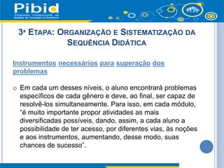 3ª ETAPA: ORGANIZAÇÃO E SISTEMATIZAÇÃO DA
SEQUÊNCIA DIDÁTICA
Instrumentos necessários para superação dos
problemas
o Em cada um desses níveis, o aluno encontrará problemas
específicos de cada gênero e deve, ao final, ser capaz de
resolvê-los simultaneamente. Para isso, em cada módulo,
“é muito importante propor atividades as mais
diversificadas possíveis, dando, assim, a cada aluno a
possibilidade de ter acesso, por diferentes vias, às noções
e aos instrumentos, aumentando, desse modo, suas
chances de sucesso”.
 