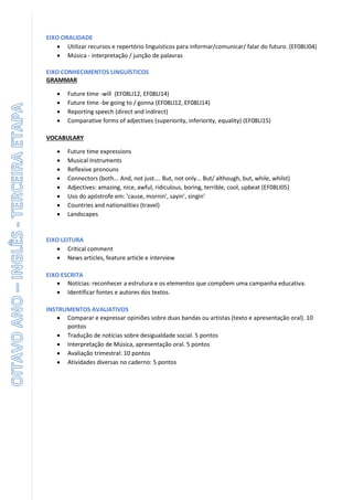 EIXO ORALIDADE
• Utilizar recursos e repertório linguísticos para informar/comunicar/ falar do futuro. (EF08LI04)
• Música - interpretação / junção de palavras
EIXO CONHECIMENTOS LINGUÍSTICOS
GRAMMAR
• Future time -will (EF08LI12, EF08LI14)
• Future time -be going to / gonna (EF08LI12, EF08LI14)
• Reporting speech (direct and indirect)
• Comparative forms of adjectives (superiority, inferiority, equality) (EF08LI15)
VOCABULARY
• Future time expressions
• Musical Instruments
• Reflexive pronouns
• Connectors (both... And, not just.... But, not only... But/ although, but, while, whilst)
• Adjectives: amazing, nice, awful, ridiculous, boring, terrible, cool, upbeat (EF08LI05)
• Uso do apóstrofe em: 'cause, mornin', sayin', singin'
• Countries and nationalities (travel)
• Landscapes
EIXO LEITURA
• Critical comment
• News articles, feature article e interview
EIXO ESCRITA
• Notícias: reconhecer a estrutura e os elementos que compõem uma campanha educativa.
• Identificar fontes e autores dos textos.
INSTRUMENTOS AVALIATIVOS
• Comparar e expressar opiniões sobre duas bandas ou artistas (texto e apresentação oral). 10
pontos
• Tradução de notícias sobre desigualdade social. 5 pontos
• Interpretação de Música, apresentação oral. 5 pontos
• Avaliação trimestral: 10 pontos
• Atividades diversas no caderno: 5 pontos
 