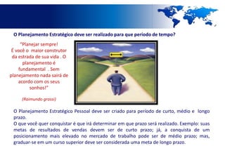 O Planejamento Estratégico deve ser realizado para que período de tempo?
     “Planejar sempre!
 É você o maior construtor
 da estrada de sua vida . O
      planejamento é
    fundamental . Sem
planejamento nada sairá de
    acordo com os seus
         sonhos!”

     (Raimundo grossi)

 O Planejamento Estratégico Pessoal deve ser criado para período de curto, médio e longo
 prazo.
 O que você quer conquistar é que irá determinar em que prazo será realizado. Exemplo: suas
 metas de resultados de vendas devem ser de curto prazo; já, a conquista de um
 posicionamento mais elevado no mercado de trabalho pode ser de médio prazo; mas,
 graduar-se em um curso superior deve ser considerada uma meta de longo prazo.
 