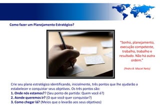 Como fazer um Planejamento Estratégico?



                                                                         “Sonho, planejamento,
                                                                          execução competente,
                                                                           trabalho, trabalho e
                                                                         resultado. Não há outra
                                                                                 ordem.”

                                                                            (Pedro B. Maciel Neto)




Crie seu plano estratégico identificando, inicialmente, três pontos que lhe ajudarão a
estabelecer e conquistar seus objetivos. Os três pontos são:
1. Onde nós estamos?? (Seu ponto de partida: Quem você é?)
2. Aonde queremos ir? (O que você quer conquistar?)
3. Como chegar lá? (Meios que o levarão aos seus objetivos)
 